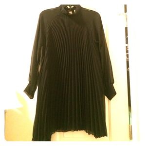Long black fanfold high collar sheer tunic