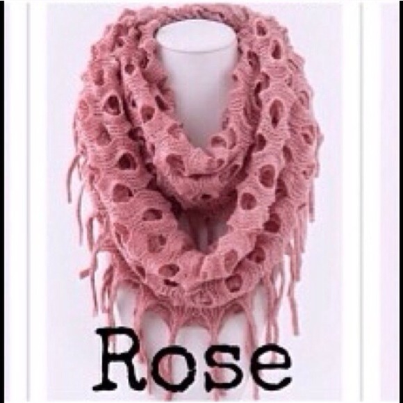 Rose, fringe infinity scarf with tiny gold flakes.