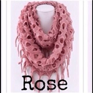 Rose, fringe infinity scarf with tiny gold flakes.