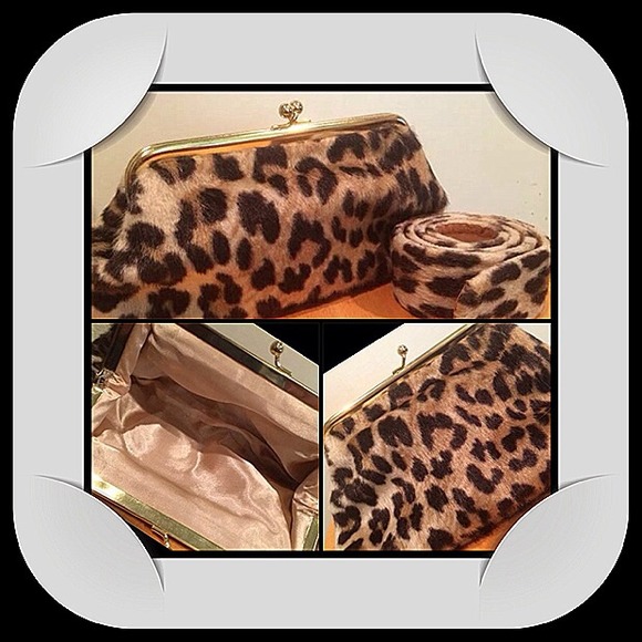 Vintage matching leopard faux fur clutch and belt - Picture 3 of 4