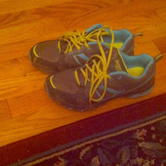 Blue, grey, and lime green tennis shoes.