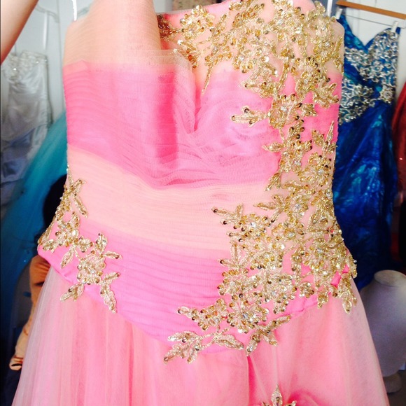 Hot pink and gold beading evening gown