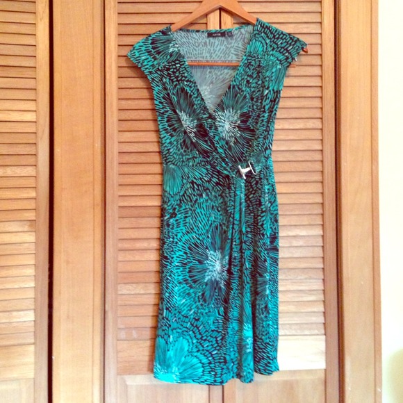 Emerald green, black and white faux wrap dress