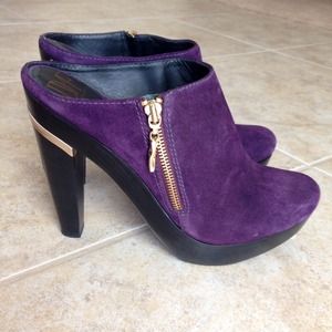 Purple suede clogs