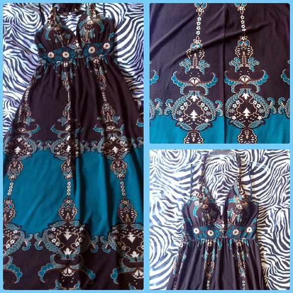 Brown and teal flower halter dress NWOT👗