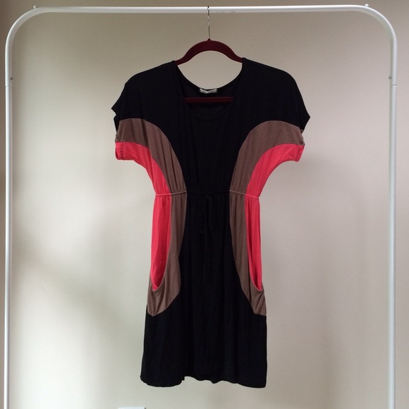 Color Block Dress in Black, Coral and Tan