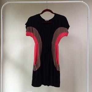 Color Block Dress in Black, Coral and Tan