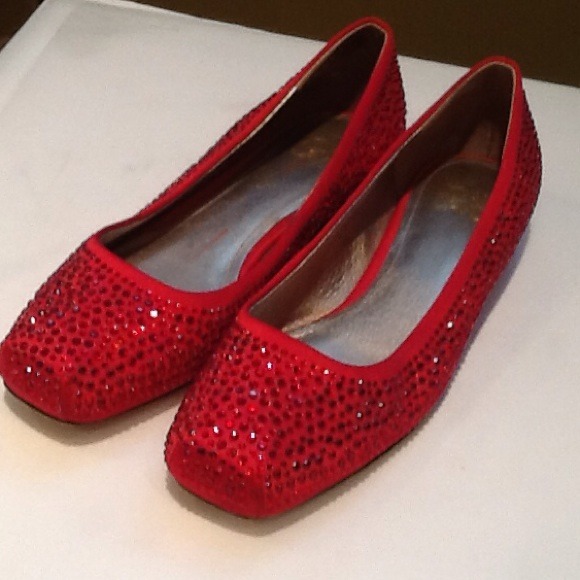 Joan & David Ruby Red Rhinestone Crystal Flats 6 M