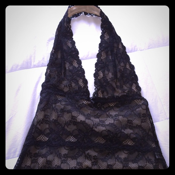 Black and Nude Lace Halter Top