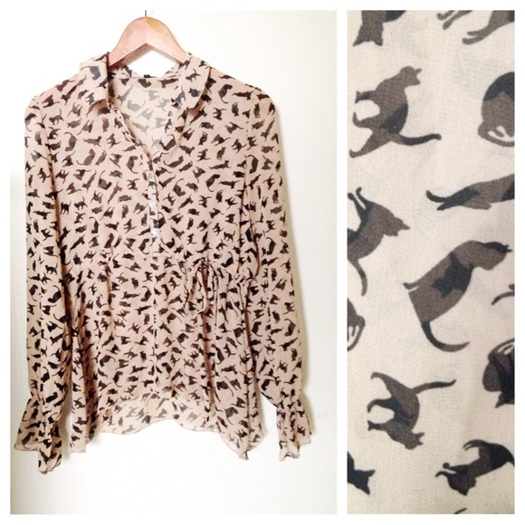 KuD Los Angeles semi sheer cat button up blouse