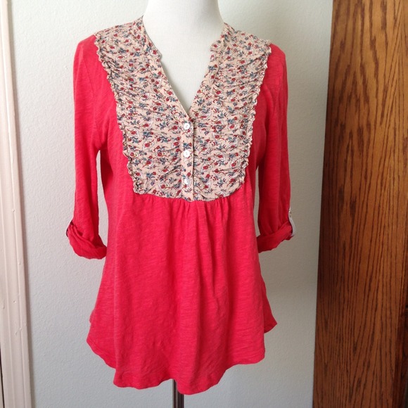 Knit tee w/ ruched calico yoke, Anthropologie