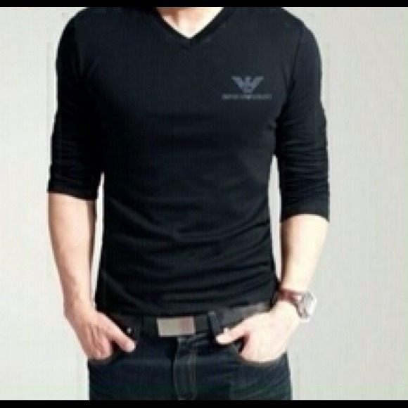 Mens Black Long Sleeve Emporio Armani V-neck shirt