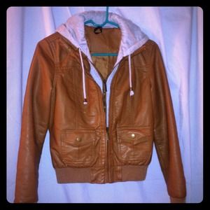 light brown leather jacket. With grey hood.
