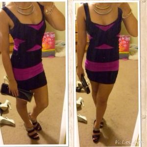 Bebe cross bodycon dress violet and black