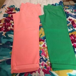Boyfriend khakis in salmon pink and Kelly green