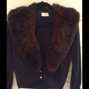 Vintage black  cardigan w/brown fur collar
