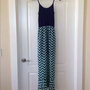 Navy and mint chevron print maxi dress.