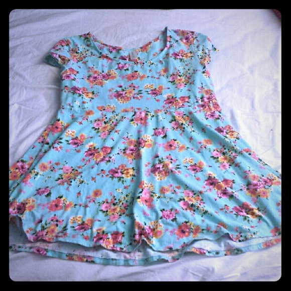 Sky blue floral print dress.