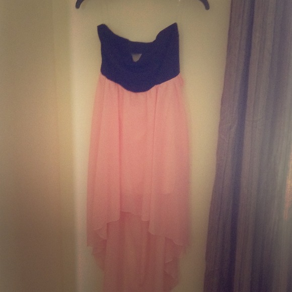 Black strapless top with soft pink chiffon bottom