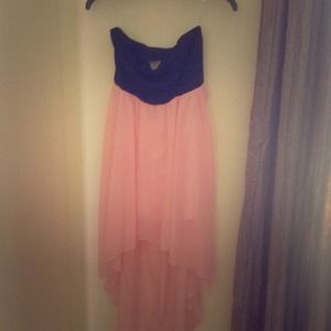 Black strapless top with soft pink chiffon bottom