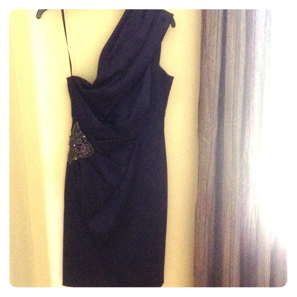 Purple silk off the shoulder cocktail dress