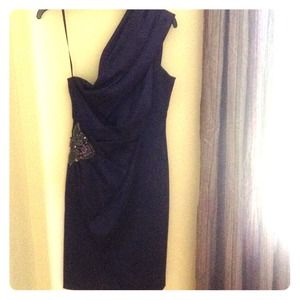 Purple silk off the shoulder cocktail dress