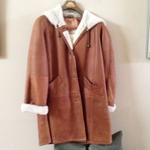 Hooded Shearling Lined Leather Coat