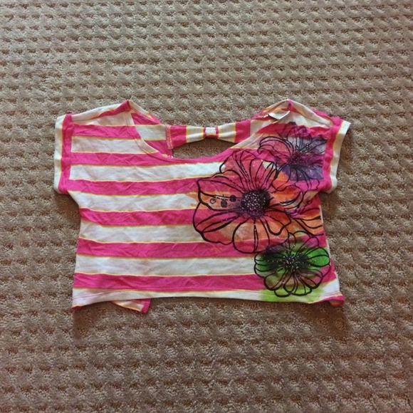 Pink/ white striped crop top w/ flower design