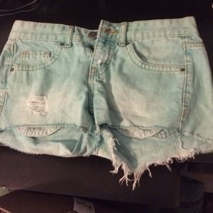 teal light wash shorts