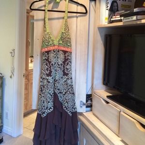 Green and Brown Low Back V Neck Dress