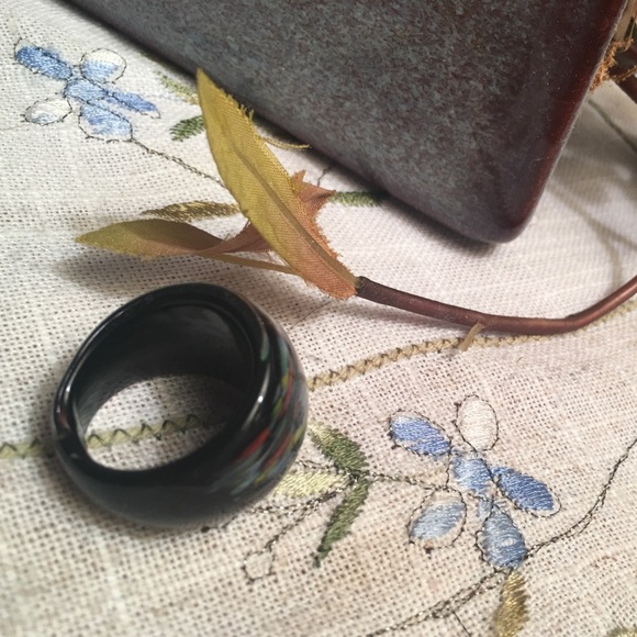 Murano Lampwork Ring Black Multi Size 7 - Picture 3 of 3