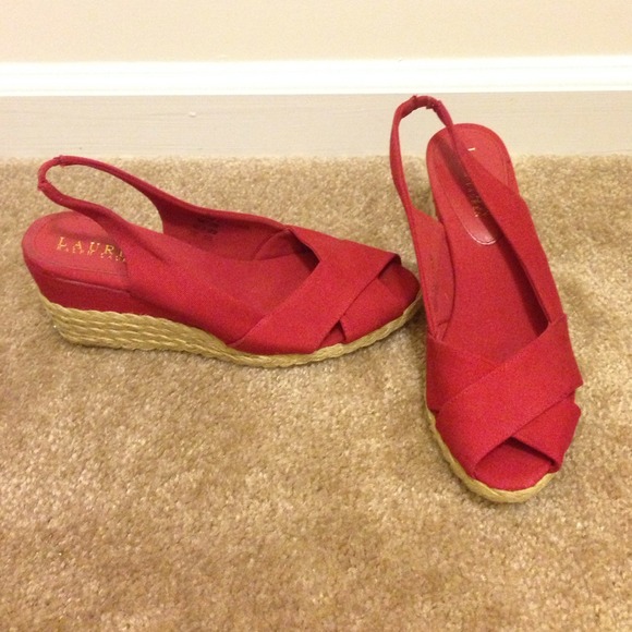 Red sling back peep toe wedges