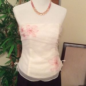 Strapless white chiffon top W/ pink & rhinestones