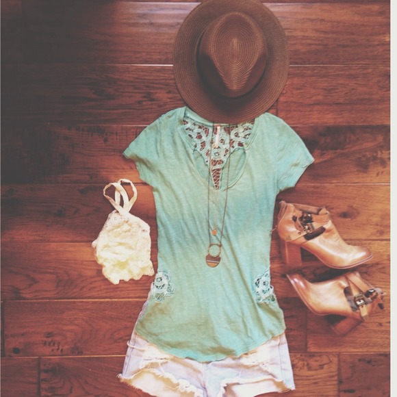 Free People Battenburg Lace trim tee in teal.