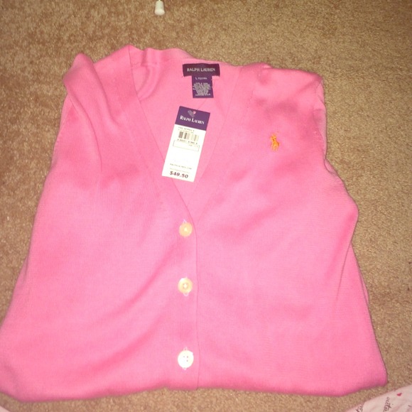 Light pink Ralph Lauren cardigan.
