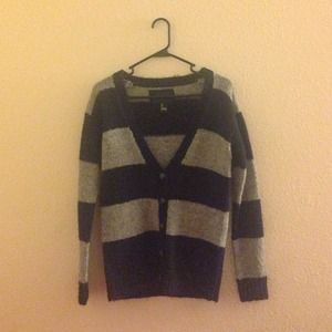 grey and blue striped cardigan