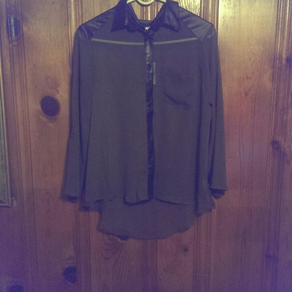 Dark olive and leather see through button down