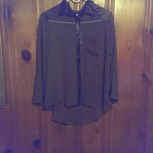 Dark olive and leather see through button down