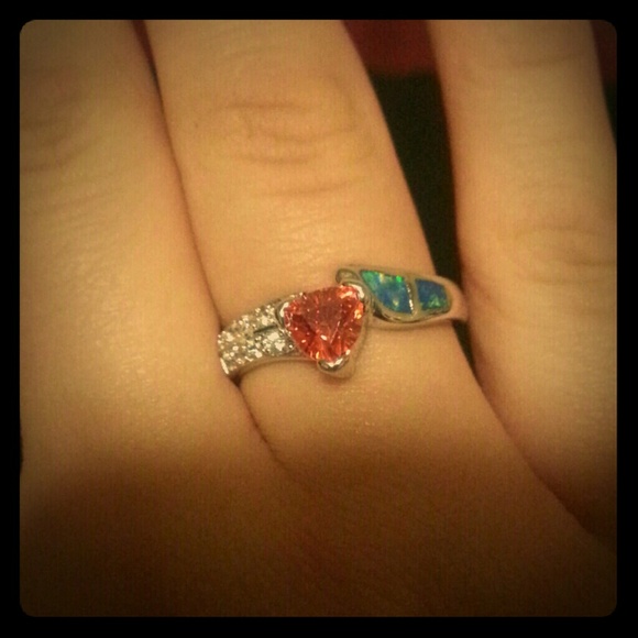 Blue fire opal with garnet, 925 Sterling Silver
