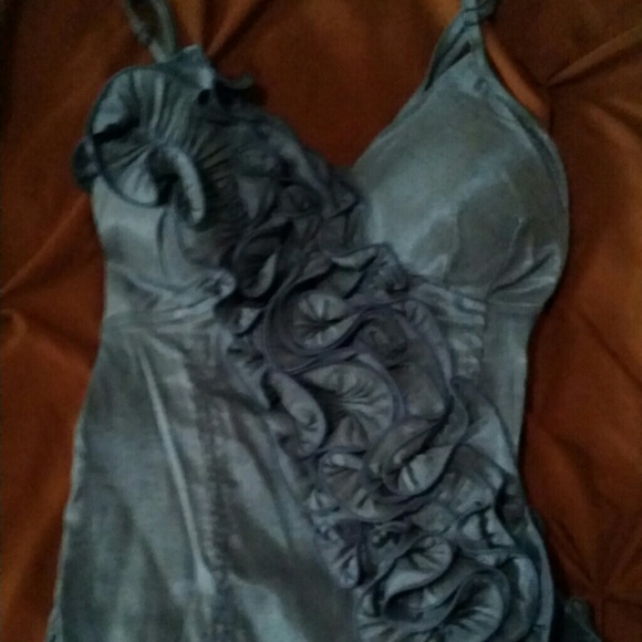 Dark Turquoise Floral Spaghetti Strap Dressy Top