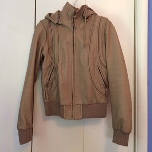 Camel Colored Leather Hooded Jacket
