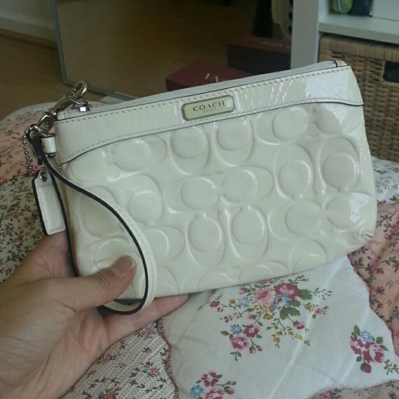 Coach white patent leather wristlet
