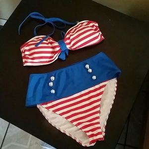 Striped High Waisted Bathing Suit.