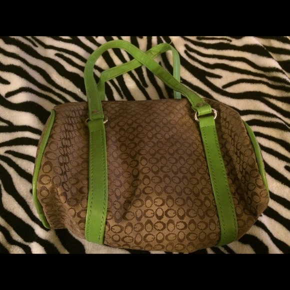Brown purse with green straps