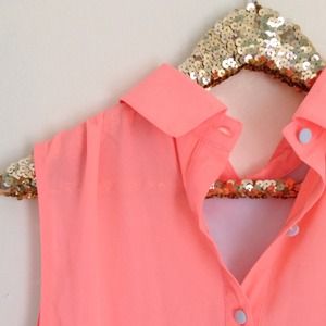 Tops - Neon Coral Powder Blue Button Tunic Tops - Neon Coral Powder Blue Button Tunic