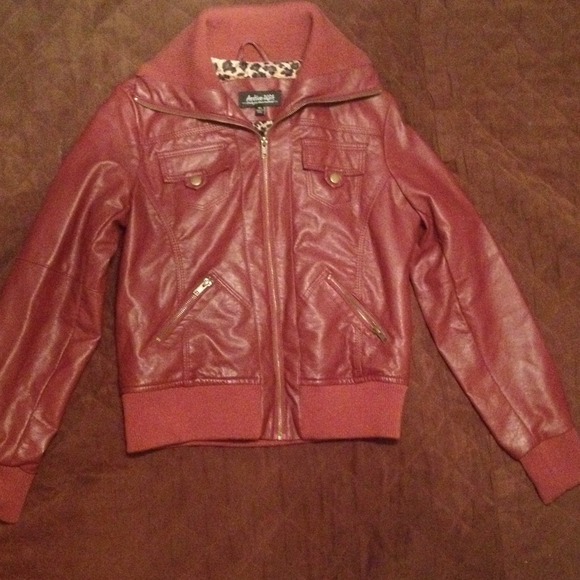 Maroon leather jacket with cheetah print lining