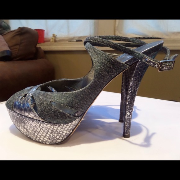 Stuart Weitzman Denim Reptile Platform Stilettos