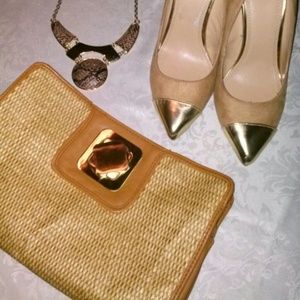 Tan straw clutch/ crossbody bag