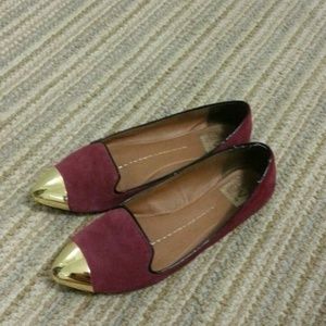 Maroon pointed toe flats with gold cap