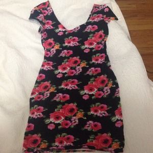 Black with pink floral bodycon dress
